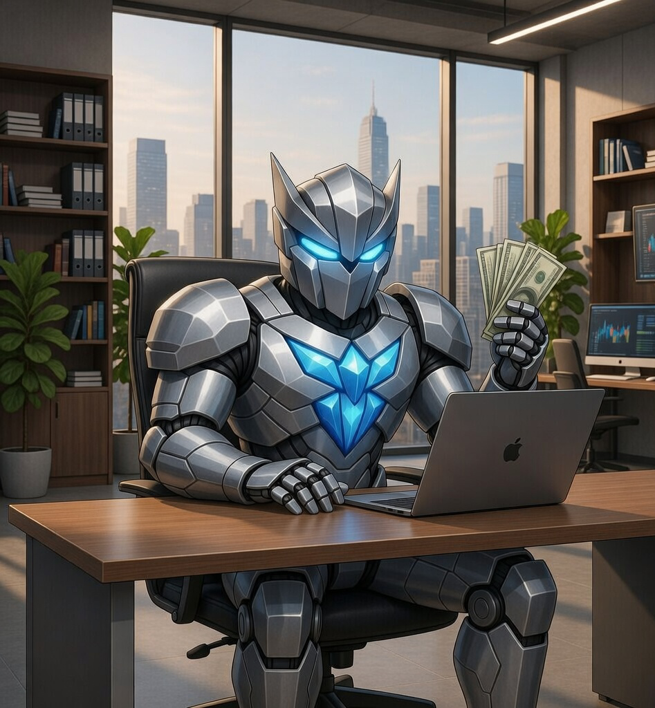 Mascot earning dollars with laptop